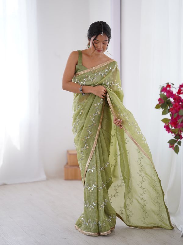 Premium Gold Crush Embroidered Party Wear Saree For Women