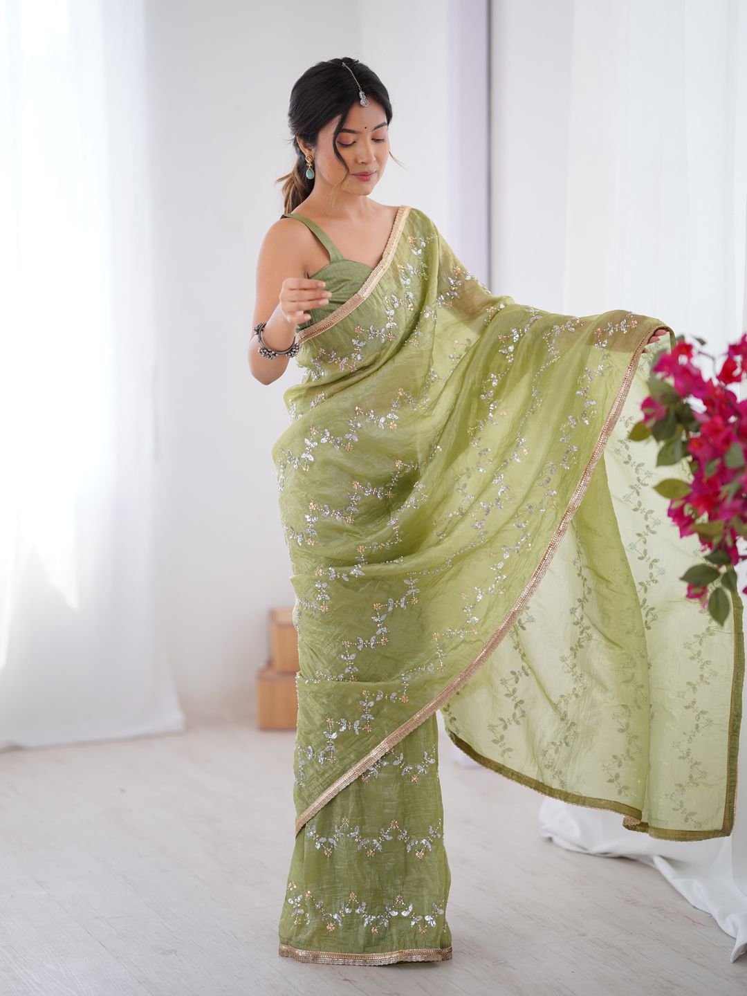 Premium Gold Crush Embroidered Party Wear Saree for Women