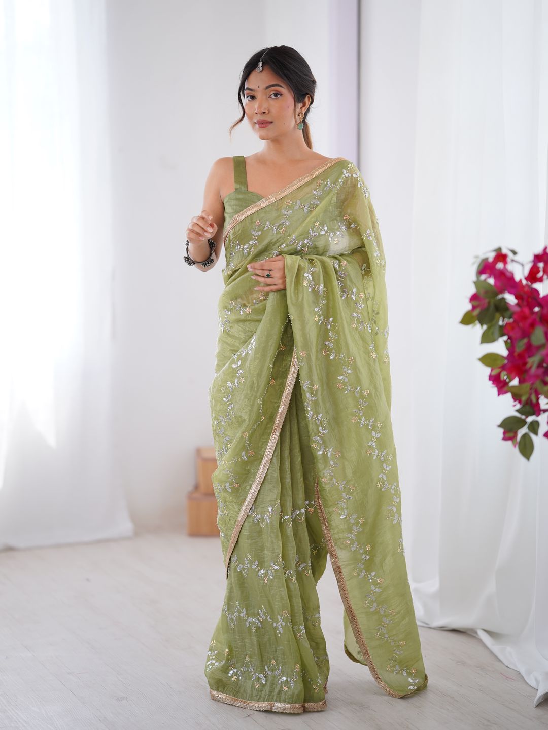 Premium Gold Crush Embroidered Party Wear Saree for Women
