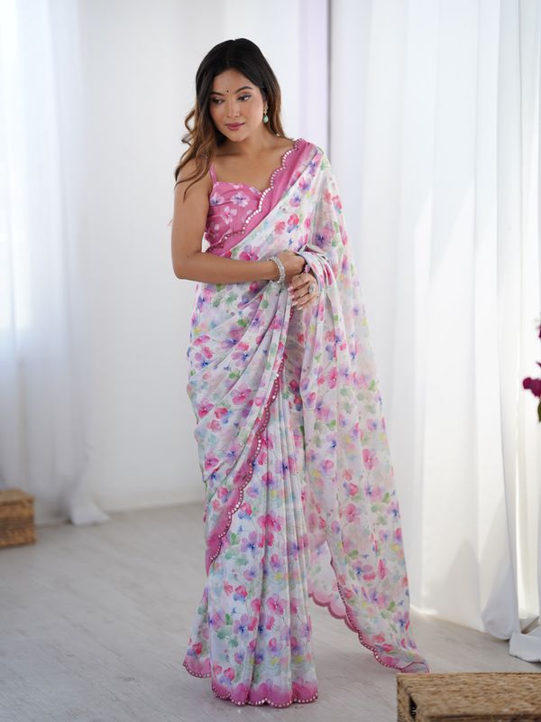 Designer Heavy Chinnon Saree With Kutchi Mirror Lace