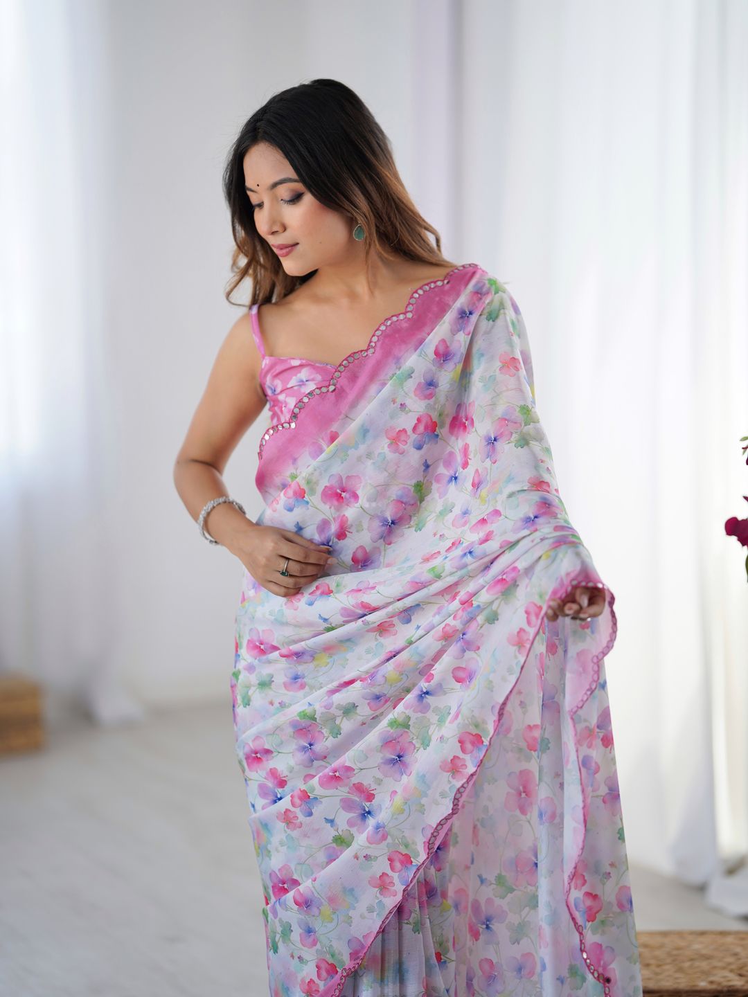 Designer Heavy Chinnon Saree with Kutchi Mirror Lace