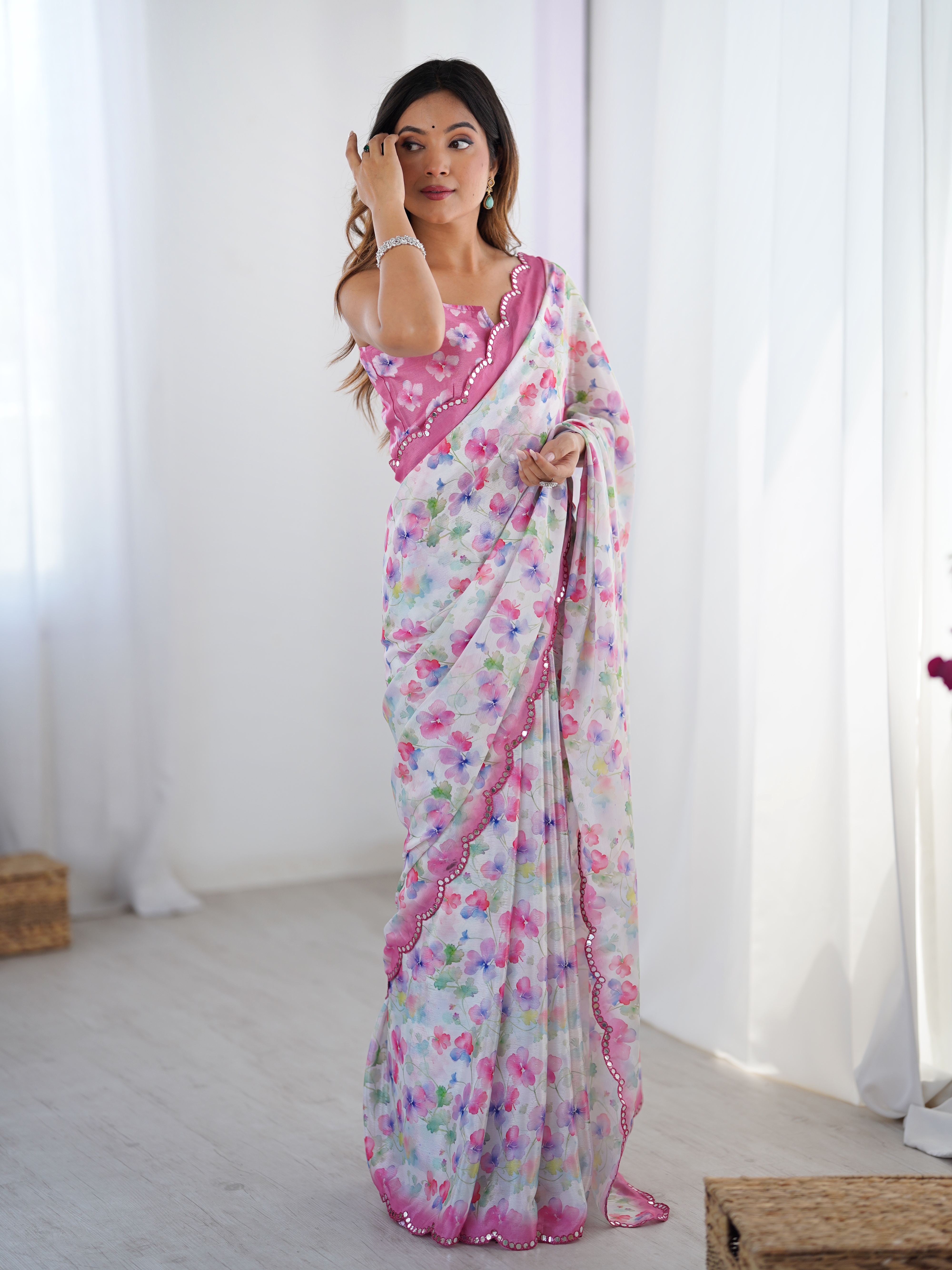 Designer Heavy Chinnon Saree with Kutchi Mirror Lace