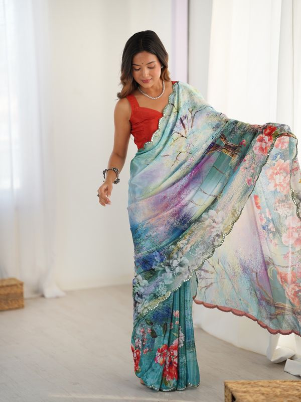 Elegant Aqua Blue Floral Saree With Mirror Lace