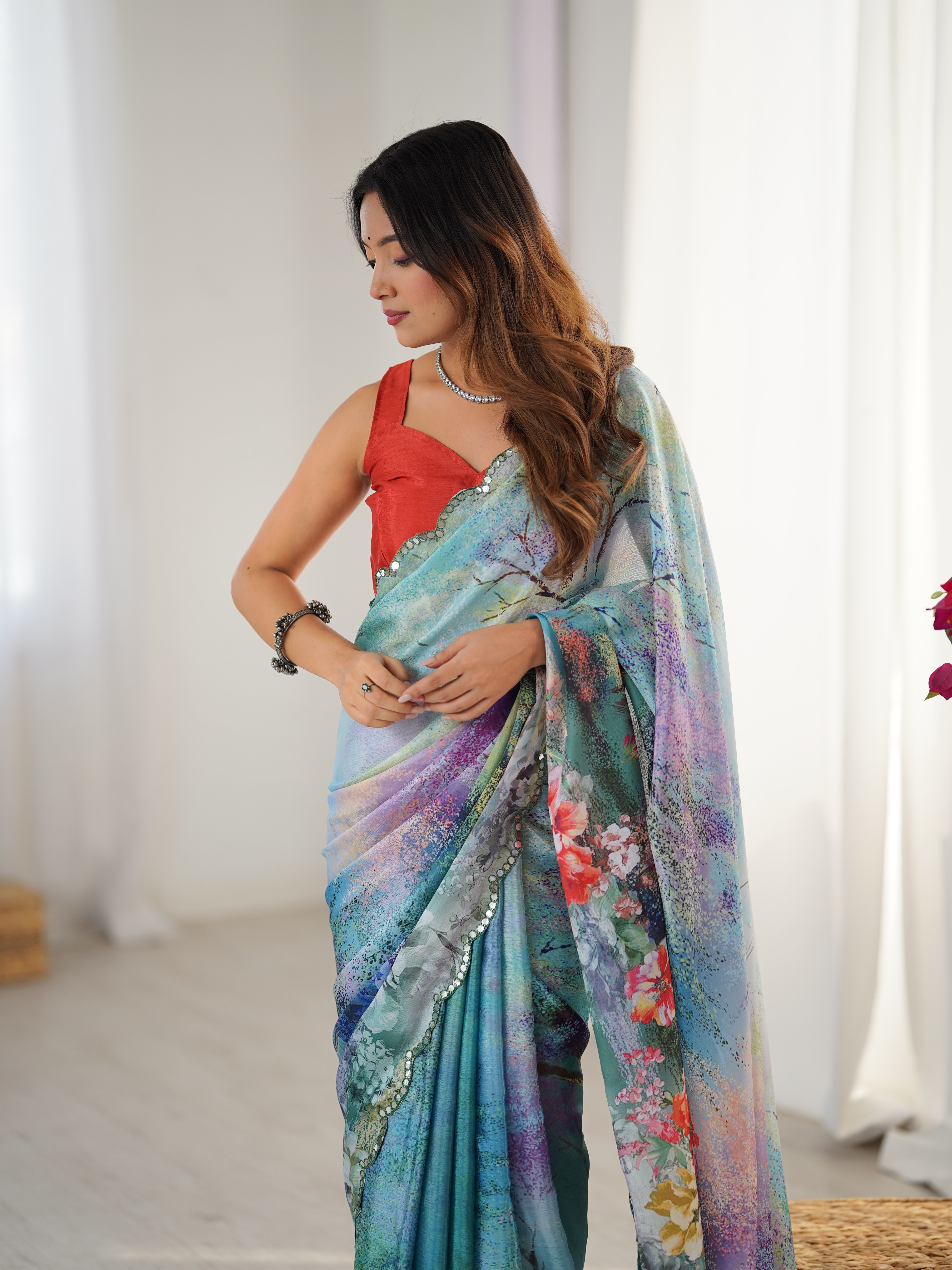 Elegant Aqua Blue Floral Saree with Mirror Lace