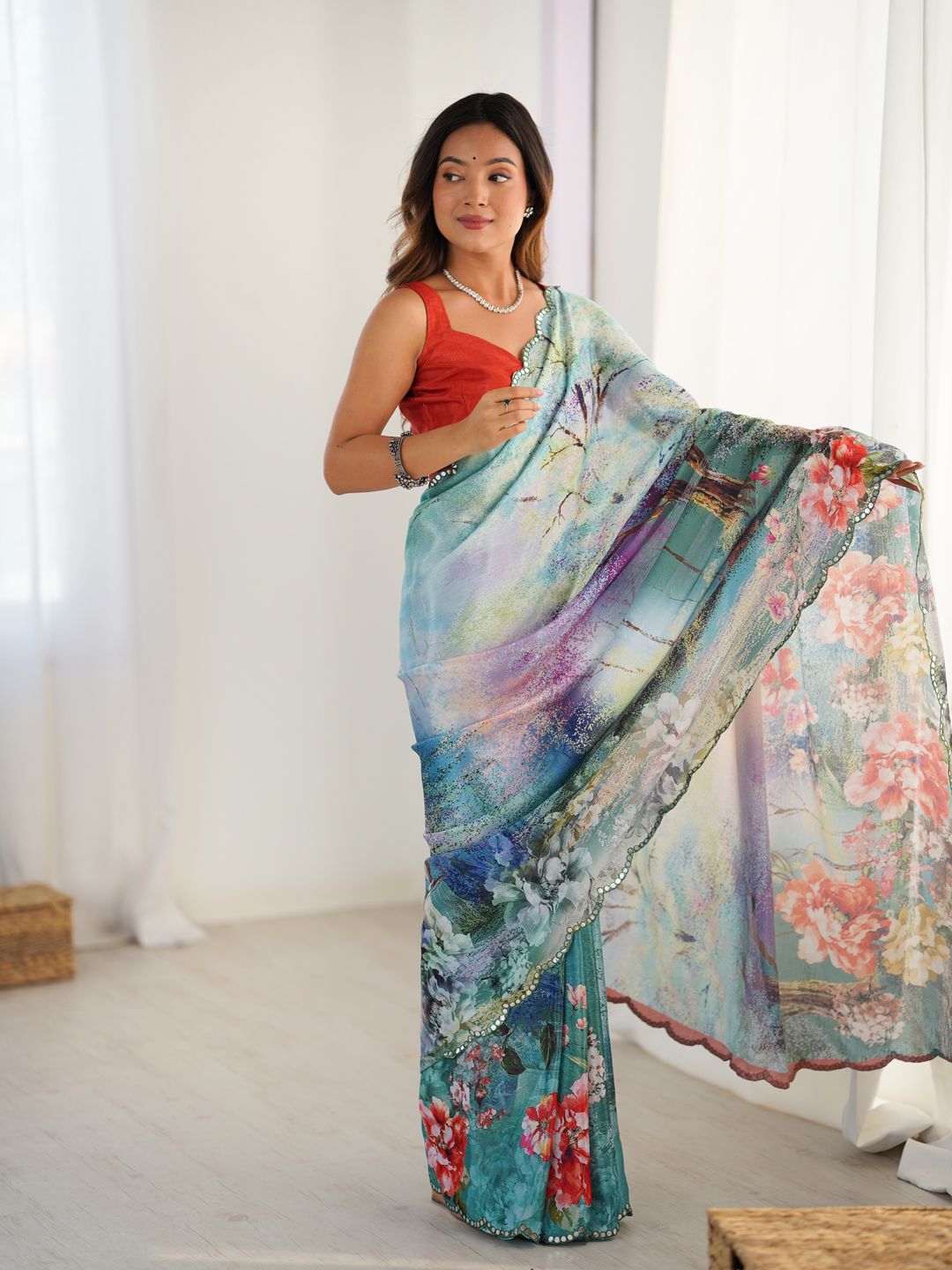 Elegant Aqua Blue Floral Saree with Mirror Lace