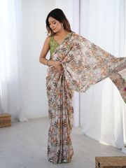 Elegant Beige Printed Chinnon Saree with Blouse - Beige
