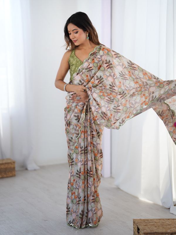 Elegant Beige Printed Chinnon Saree With Blouse