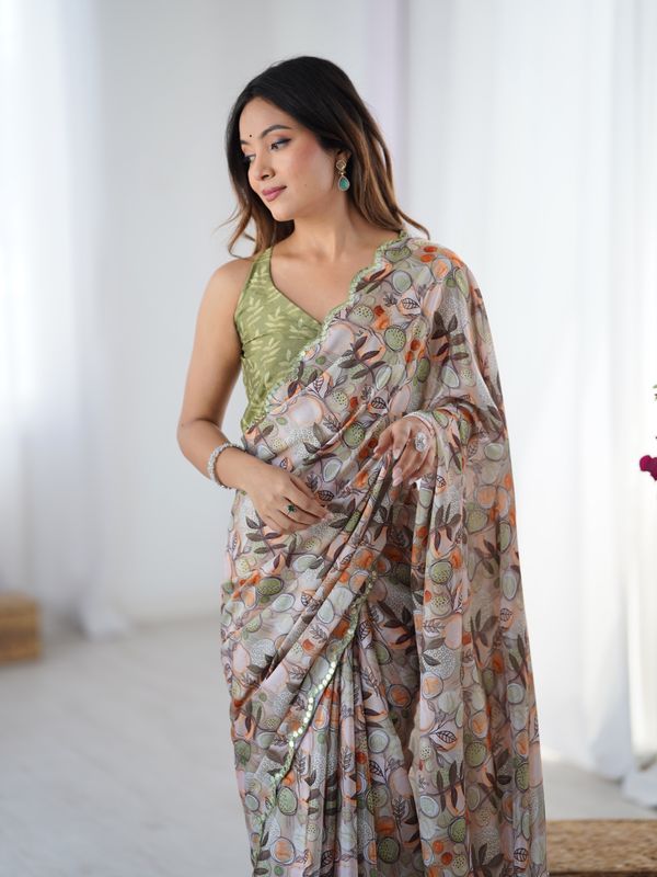 Elegant Beige Printed Chinnon Saree With Blouse
