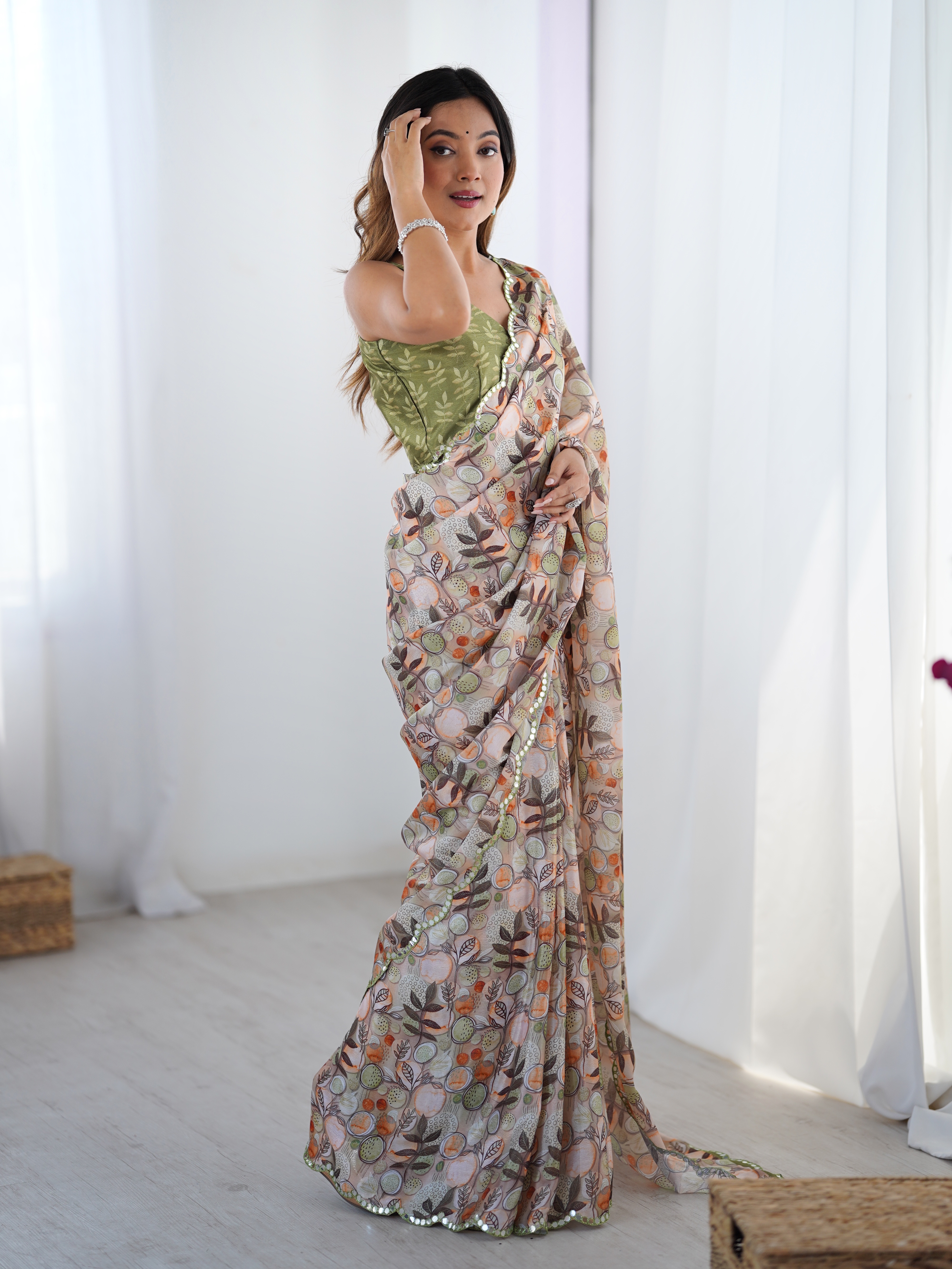 Elegant Beige Printed Chinnon Saree with Blouse