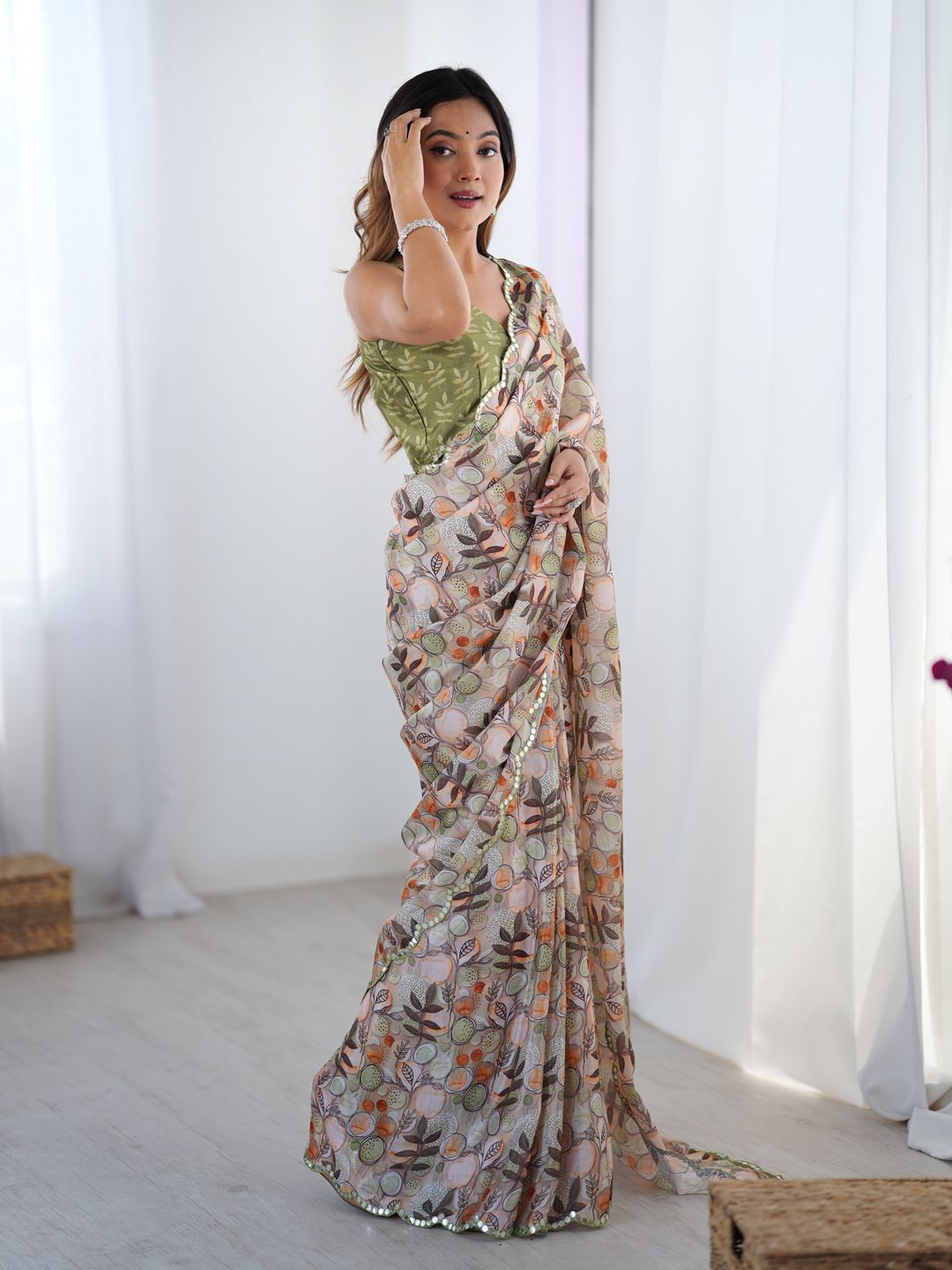 Elegant Beige Printed Chinnon Saree with Blouse