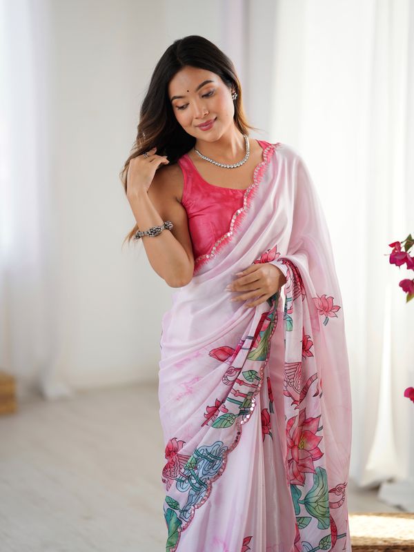 Lotus Print Heavy Chinnon Saree With Kutchi Mirror Lace