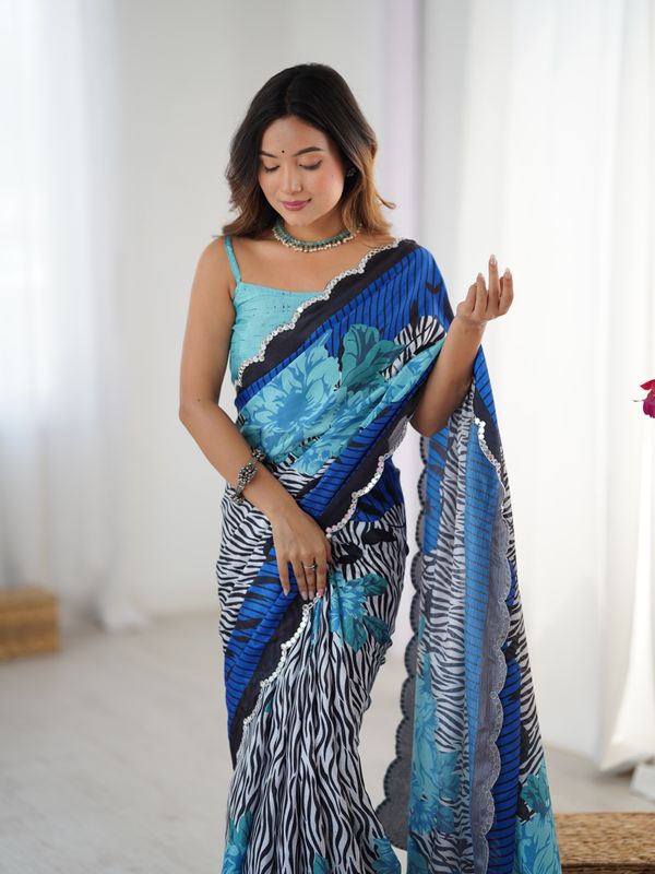 Blue Petal Elegance Chinnon Saree
