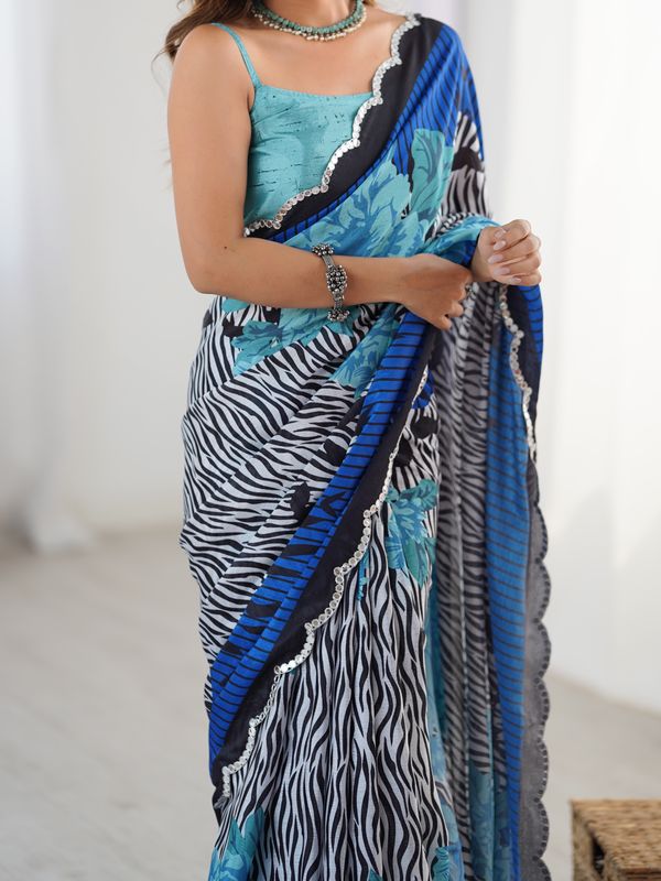 Blue Petal Elegance Chinnon Saree