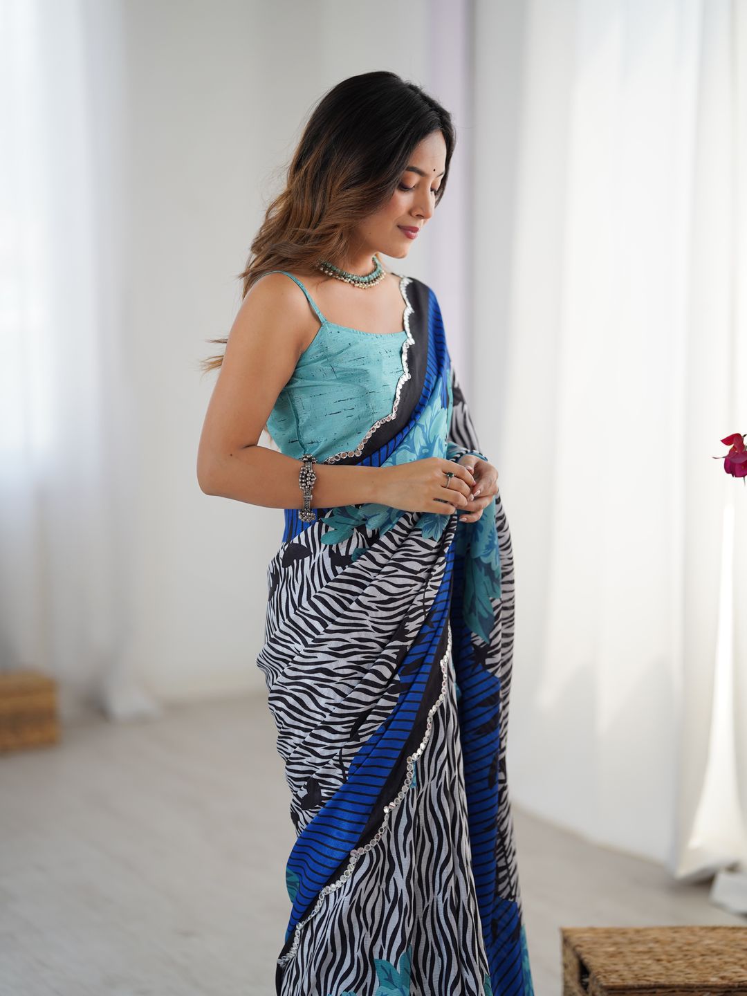 Blue Petal Elegance Chinnon Saree