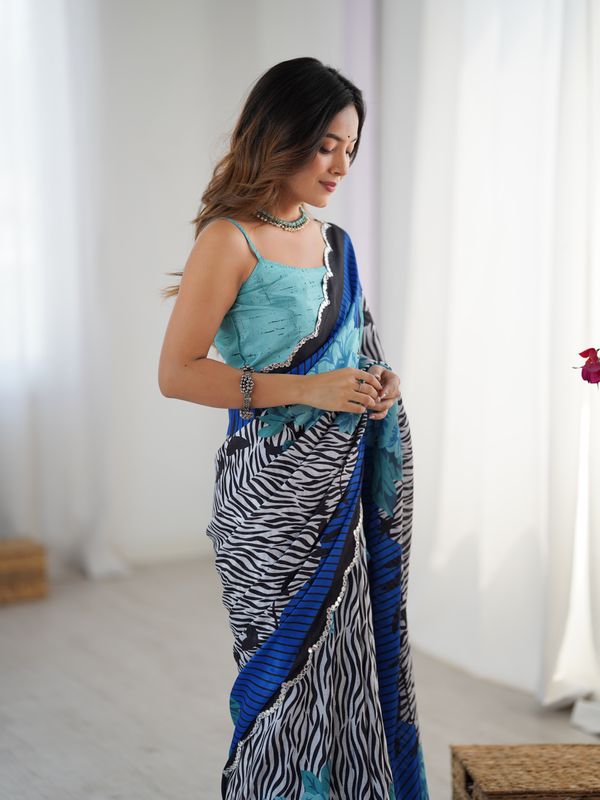 Blue Petal Elegance Chinnon Saree