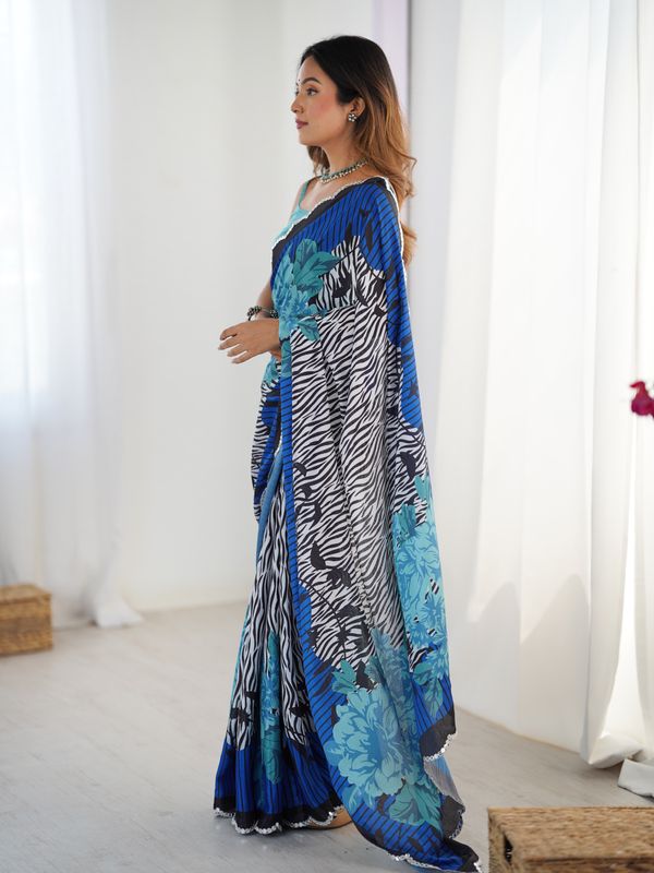 Blue Petal Elegance Chinnon Saree