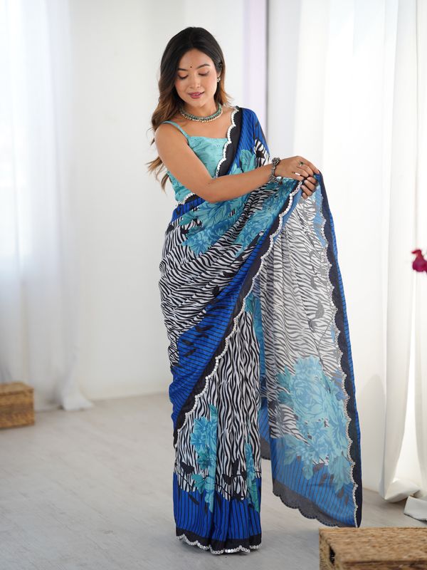 Blue Petal Elegance Chinnon Saree