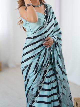 Sky Blue Floral Printed Chinnon Saree