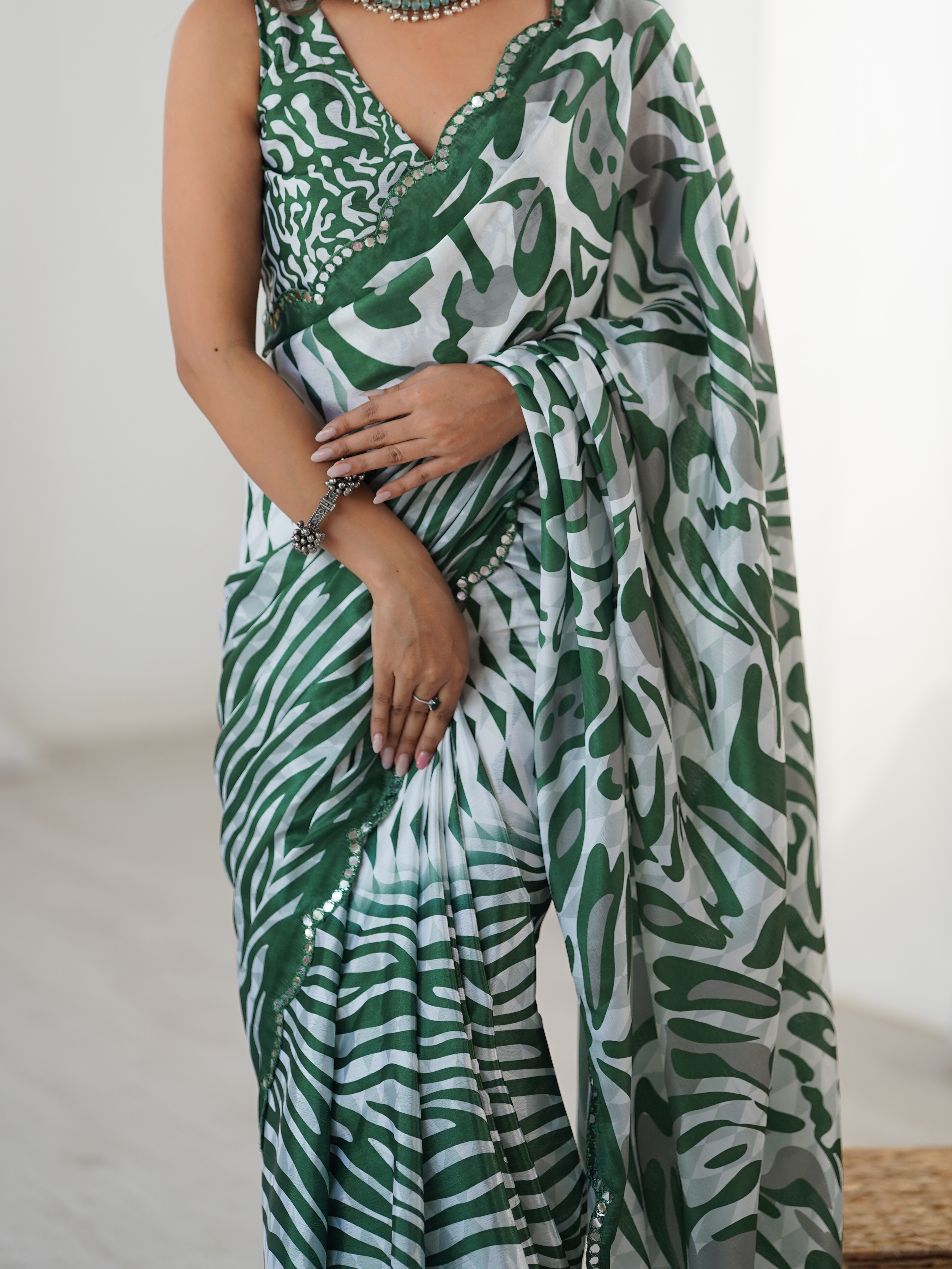 Black Mint Abstract Printed Heavy Chinnon Saree with Mirror Lace Border