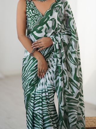 Black Mint Abstract Printed Heavy Chinnon Saree with Mirror Lace Border