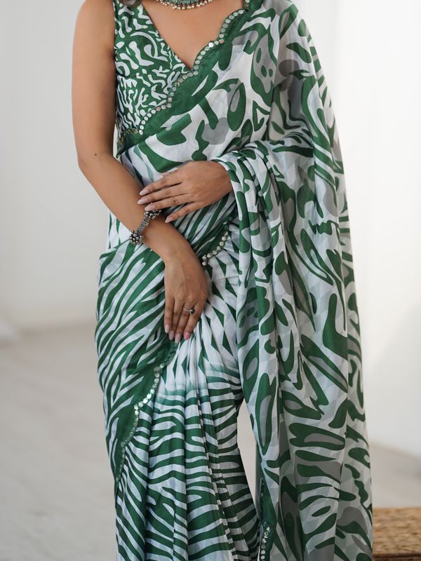 Black Mint Abstract Printed Heavy Chinnon Saree With Mirror Lace Border