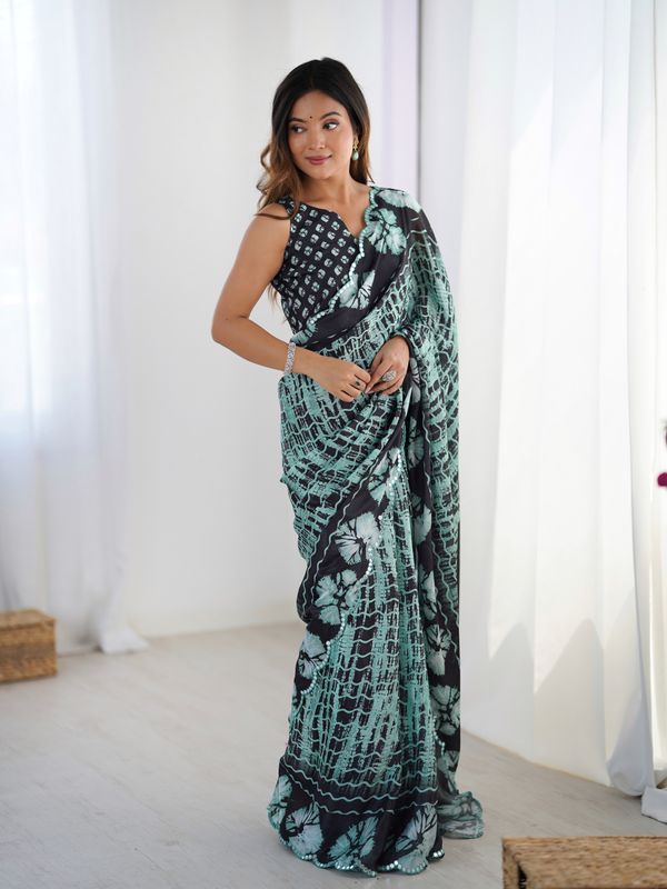 Black Mint Abstract Printed Heavy Chinnon Saree with Mirror Lace Border