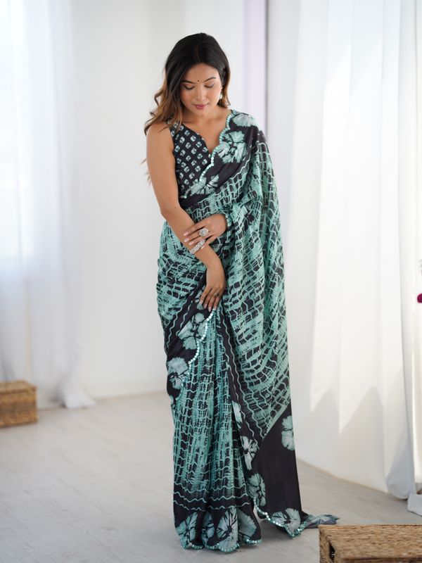 Black Mint Abstract Printed Heavy Chinnon Saree with Mirror Lace Border