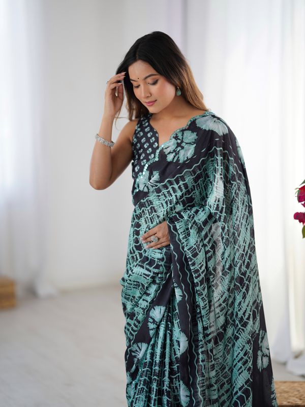 Black Mint Abstract Printed Heavy Chinnon Saree with Mirror Lace Border