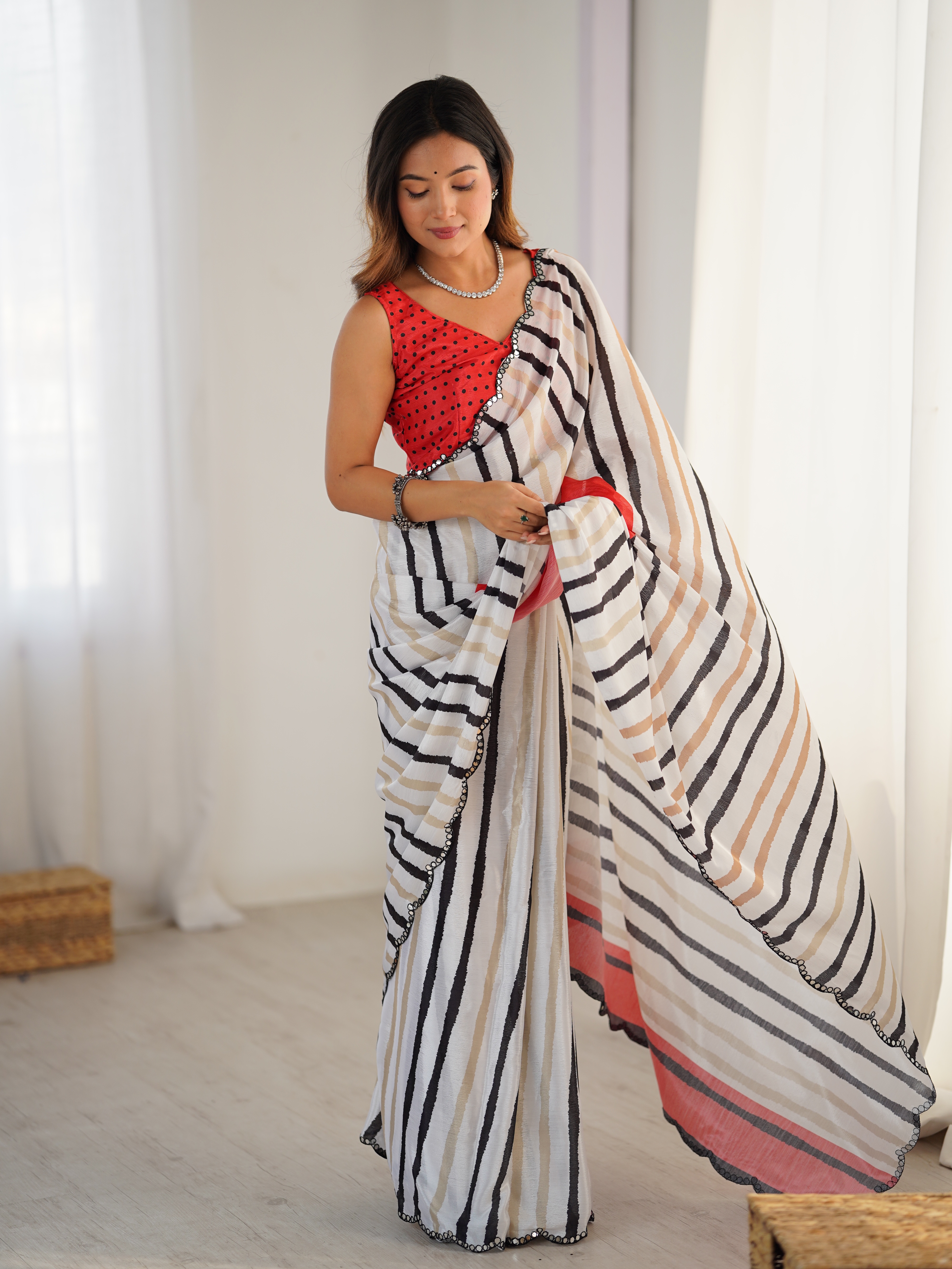 Ivory Striped Heavy Chinnon Saree for Women