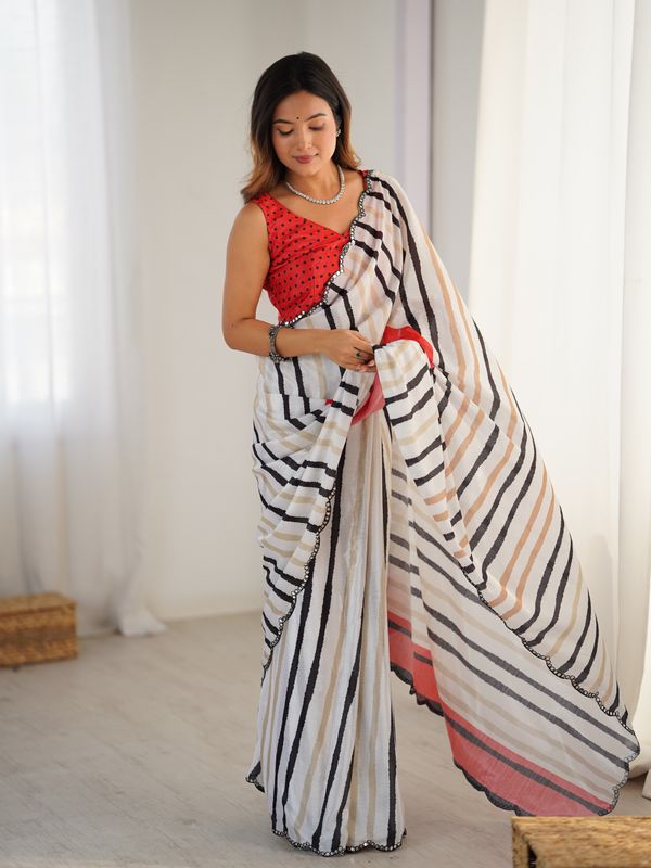 Ivory Striped Heavy Chinnon Saree for Women