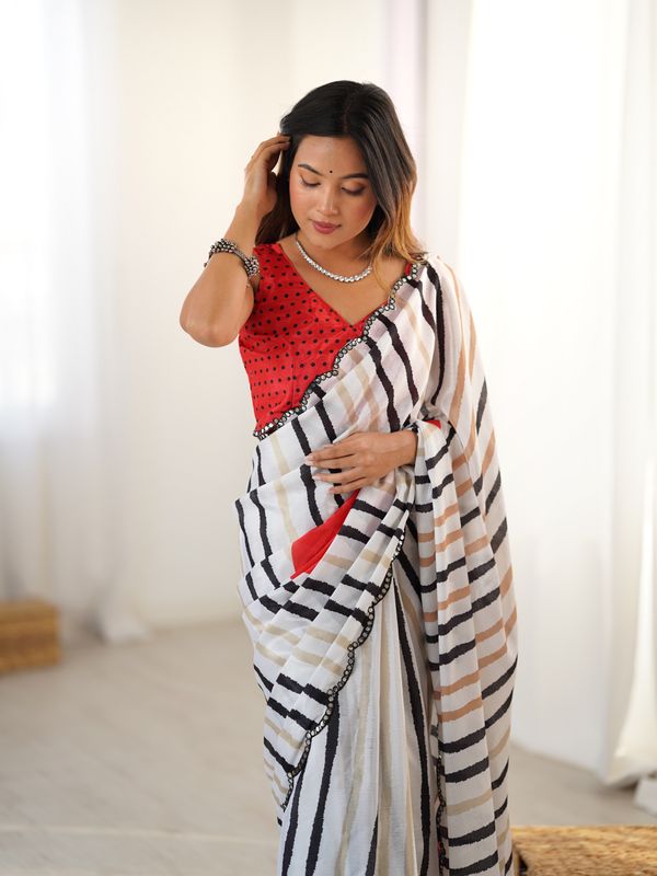 Ivory Striped Heavy Chinnon Saree for Women