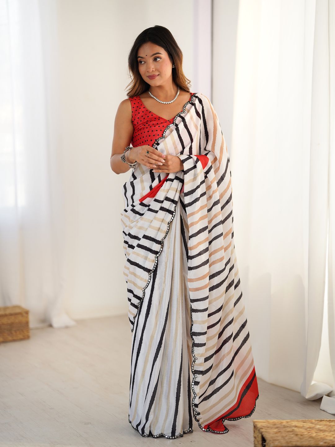 Ivory Striped Heavy Chinnon Saree for Women