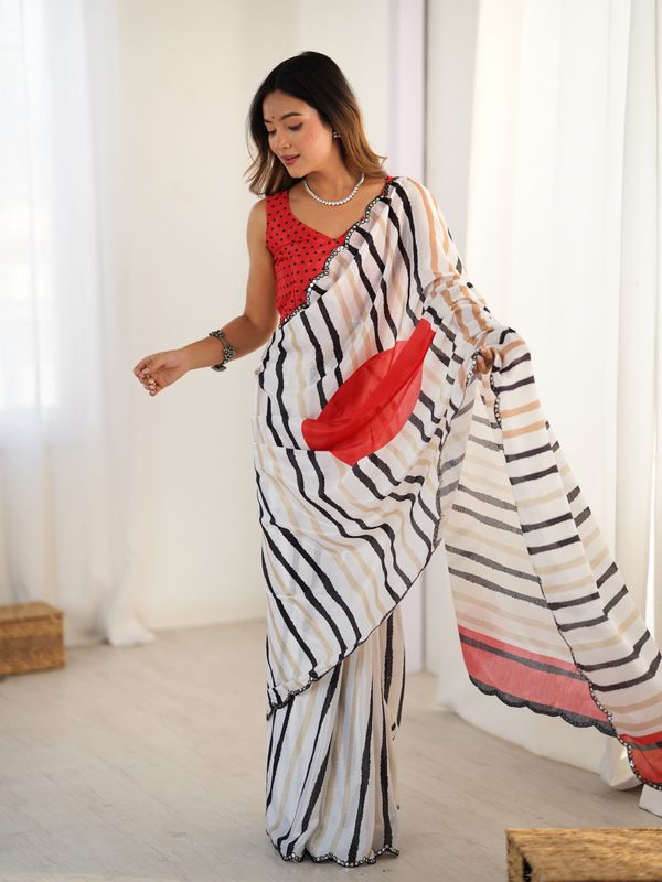 Ivory Striped Heavy Chinnon Saree for Women