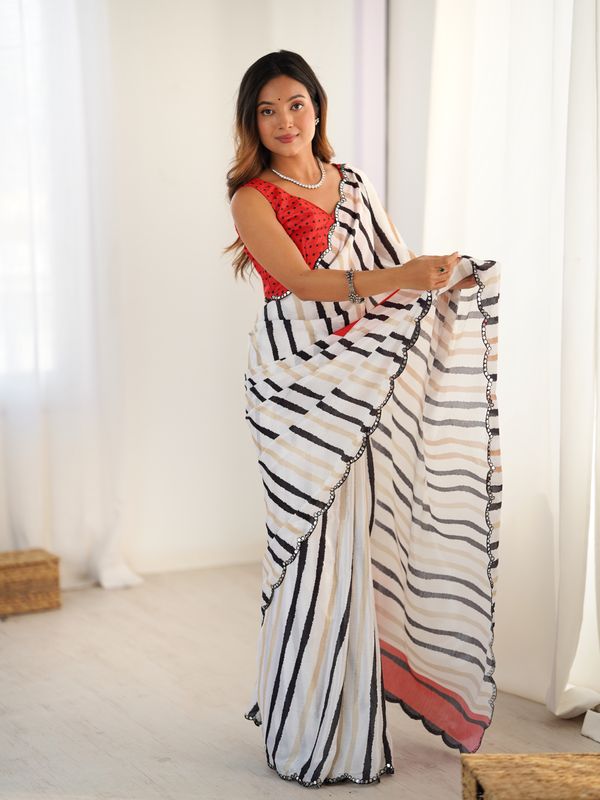 Ivory Striped Heavy Chinnon Saree for Women