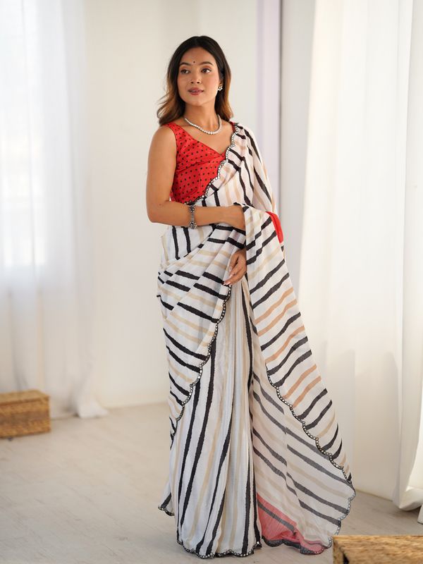 Ivory Striped Heavy Chinnon Saree for Women