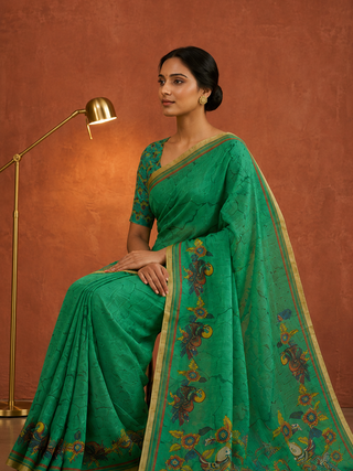 Buy Emerald Green Linen Blend Digital Print Saree with Blouse
