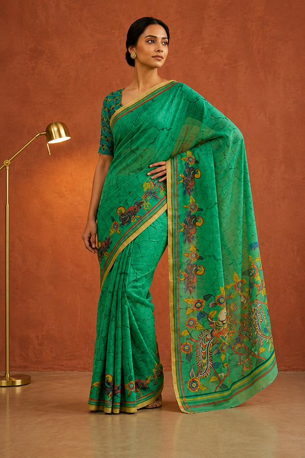 Buy Emerald Green Linen Blend Digital Print Saree with Blouse