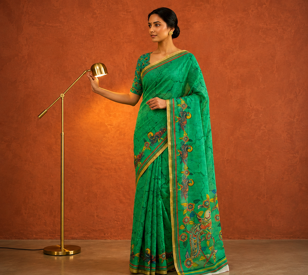 Buy Emerald Green Linen Blend Digital Print Saree with Blouse