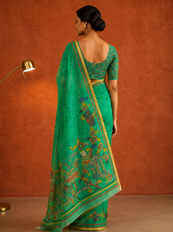 Buy Emerald Green Linen Blend Digital Print Saree with Blouse