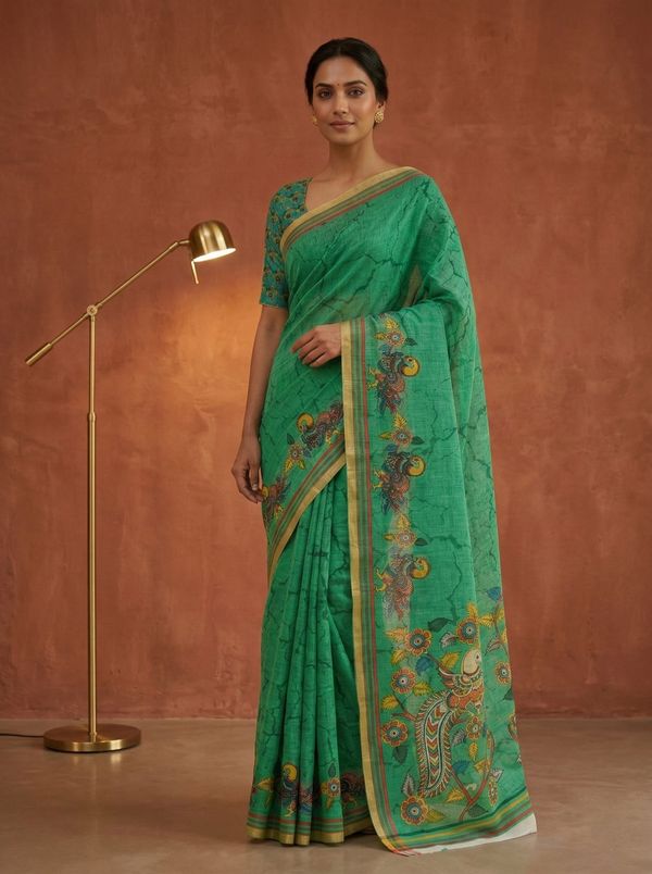 Buy Emerald Green Linen Blend Digital Print Saree with Blouse
