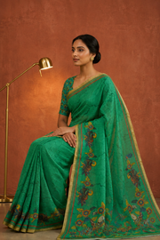 Buy Emerald Green Linen Blend Digital Print Saree with Blouse - Green