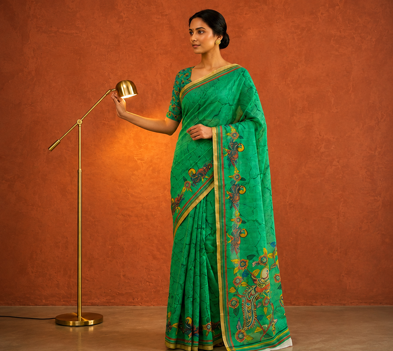 Varnavi Green Linen Blend Digital Print Saree with Bird & Floral Motif Blouse
