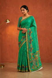 Varnavi Green Linen Blend Digital Print Saree with Bird & Floral Motif Blouse - Green