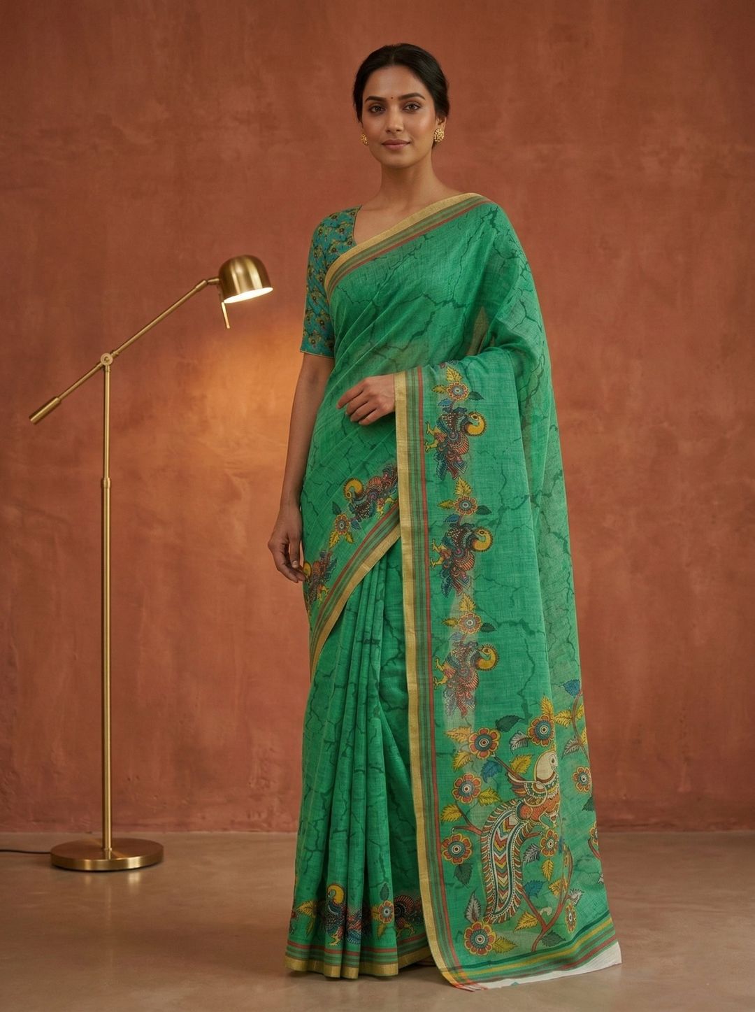 Varnavi Green Linen Blend Digital Print Saree with Bird & Floral Motif Blouse