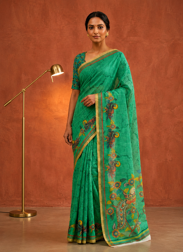 Buy Green Digital Print Linen Blend Saree For Women - Varnavi