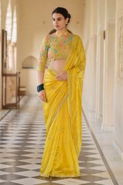 Yellow Organza Embroidered Saree with Unstitched Net Blouse - ZARD (BRIGHT YELLOW/GOLDEN)