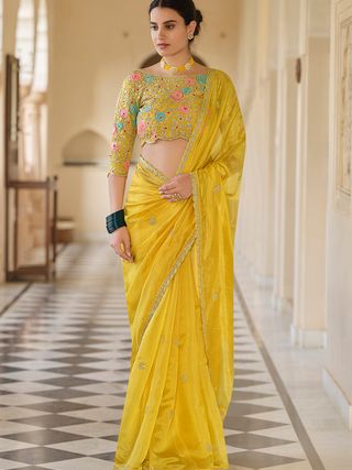 Yellow Organza Embroidered Saree with Unstitched Net Blouse