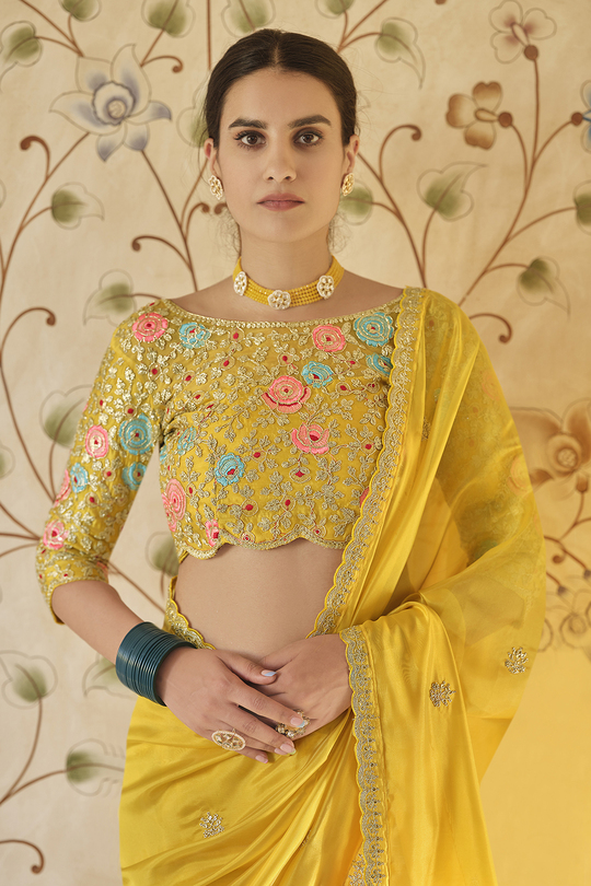 Yellow Organza Embroidered Saree with Unstitched Net Blouse