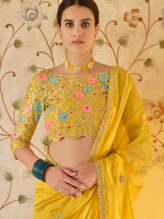 Yellow Organza Embroidered Saree with Unstitched Net Blouse