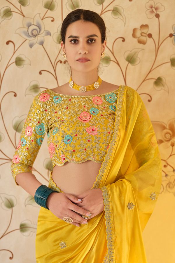 Yellow Organza Embroidered Saree With Unstitched Net Blouse